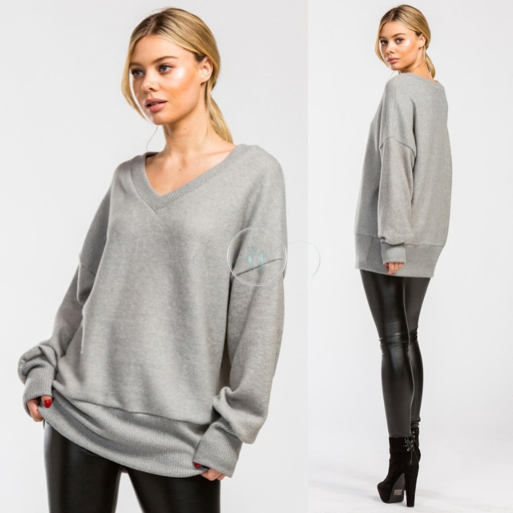 Last One❗️Grey Brushed Knit V-Neck Top - Picture 2 of 9